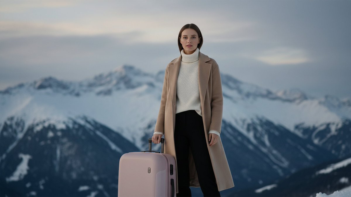 雪地上的女性与粉色旅行箱