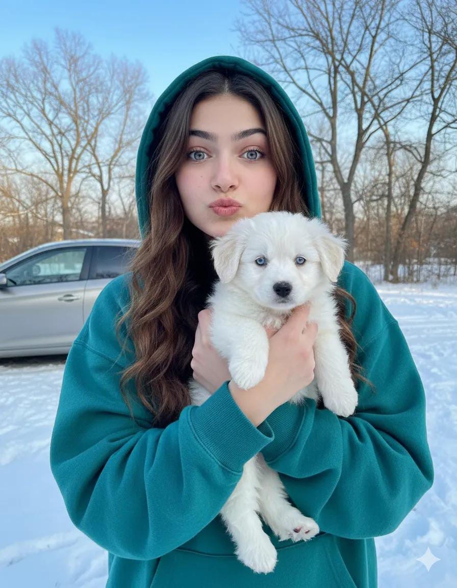 冬日户外女孩与小白狗