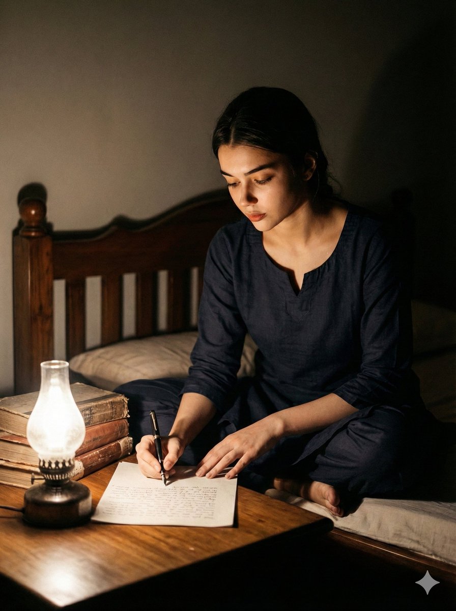深夜写作的年轻印度女性