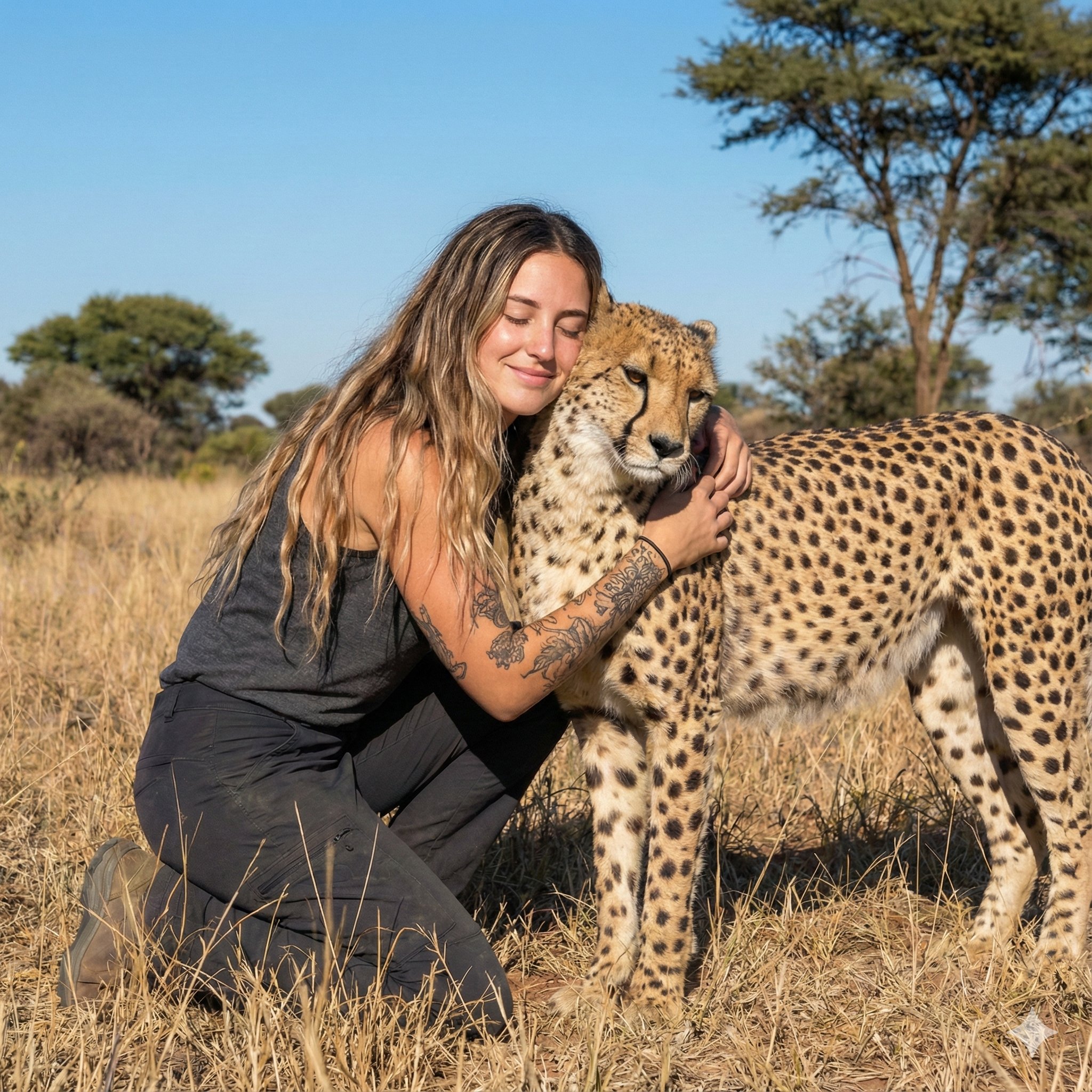 非洲草原上的少女与猎豹拥抱