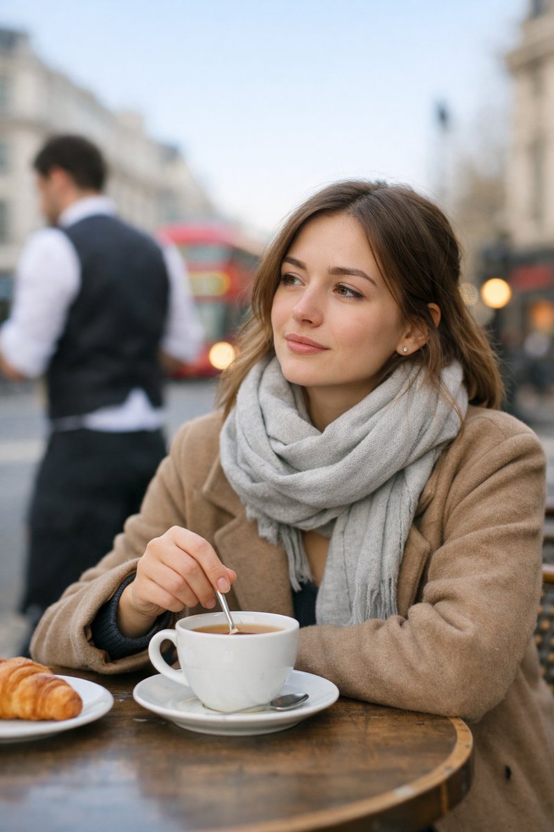 伦敦街头咖啡馆的年轻女子