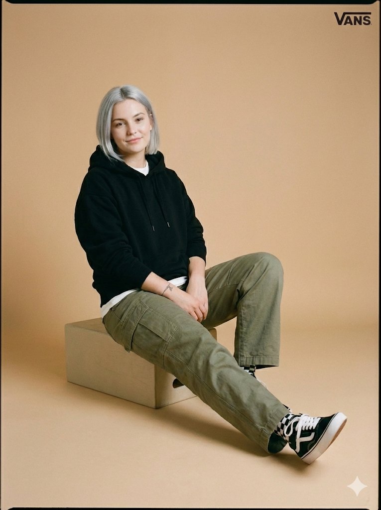 年轻女性坐在低矮的摄影背景块上