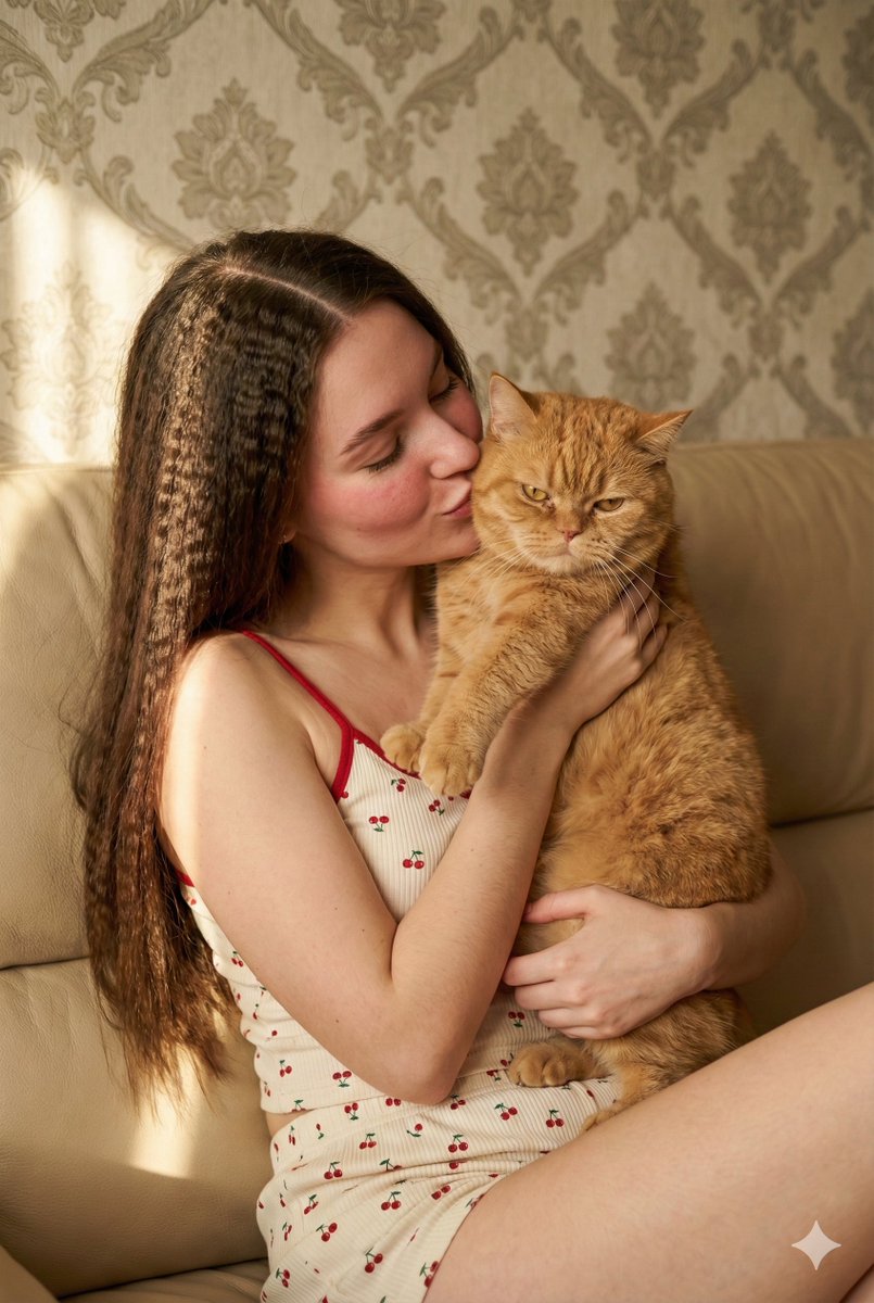 Gemini Nano Banana Pro - 年轻女子与猫咪