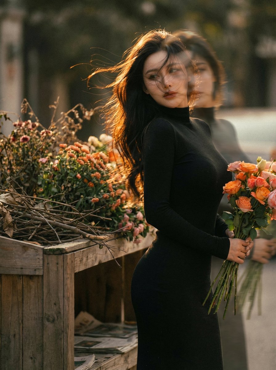 梦幻户外花摊双曝光肖像