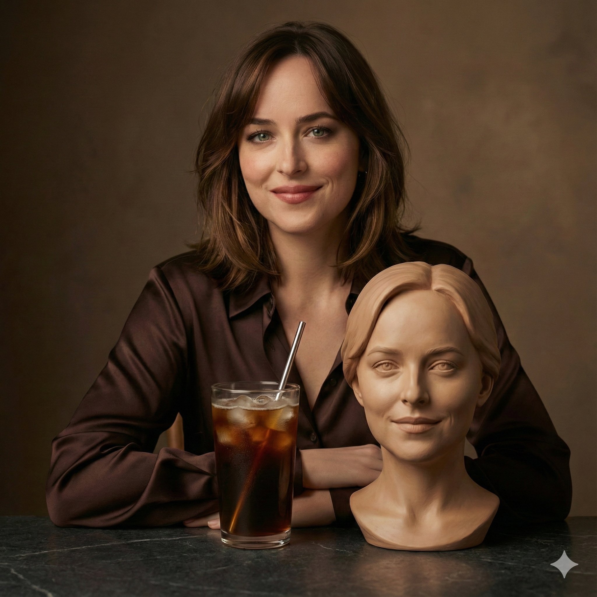 女性坐在深色石桌上，身着摩卡色缎面衬衫的影视风格肖像