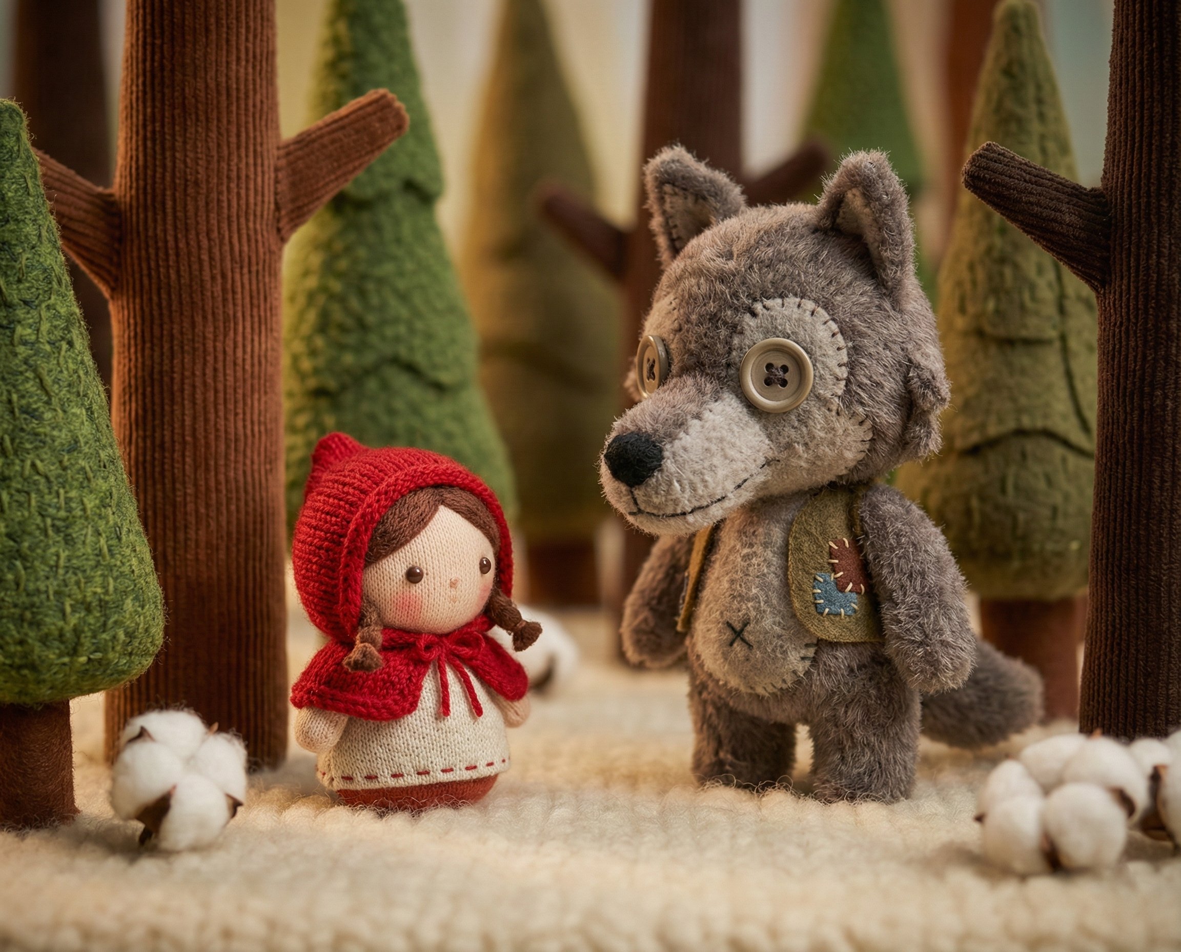 小紅帽與大野狼的綿花玩具森林場景