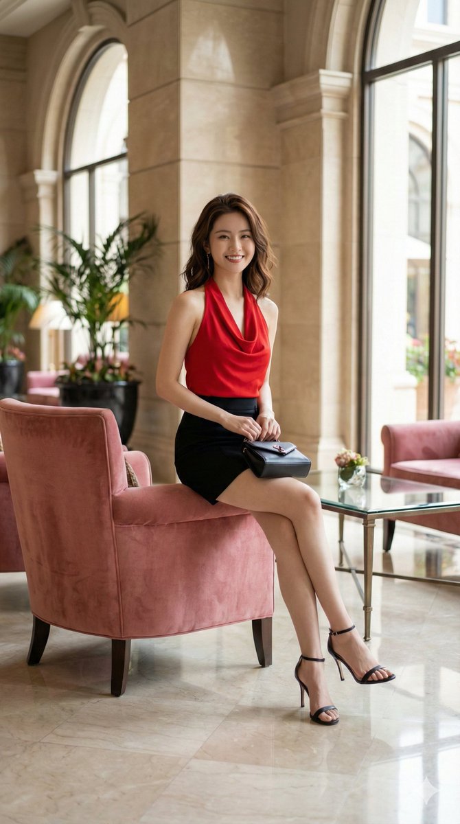 真实感强坐粉色绒面扶手椅的年轻女性