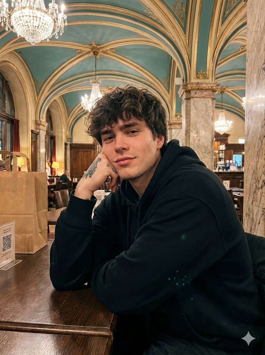 年轻男性坐在暗色木质桌前