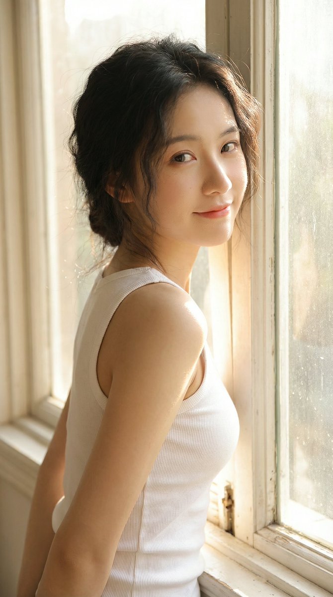 AI生成普通罗纹背心美女的瞬间