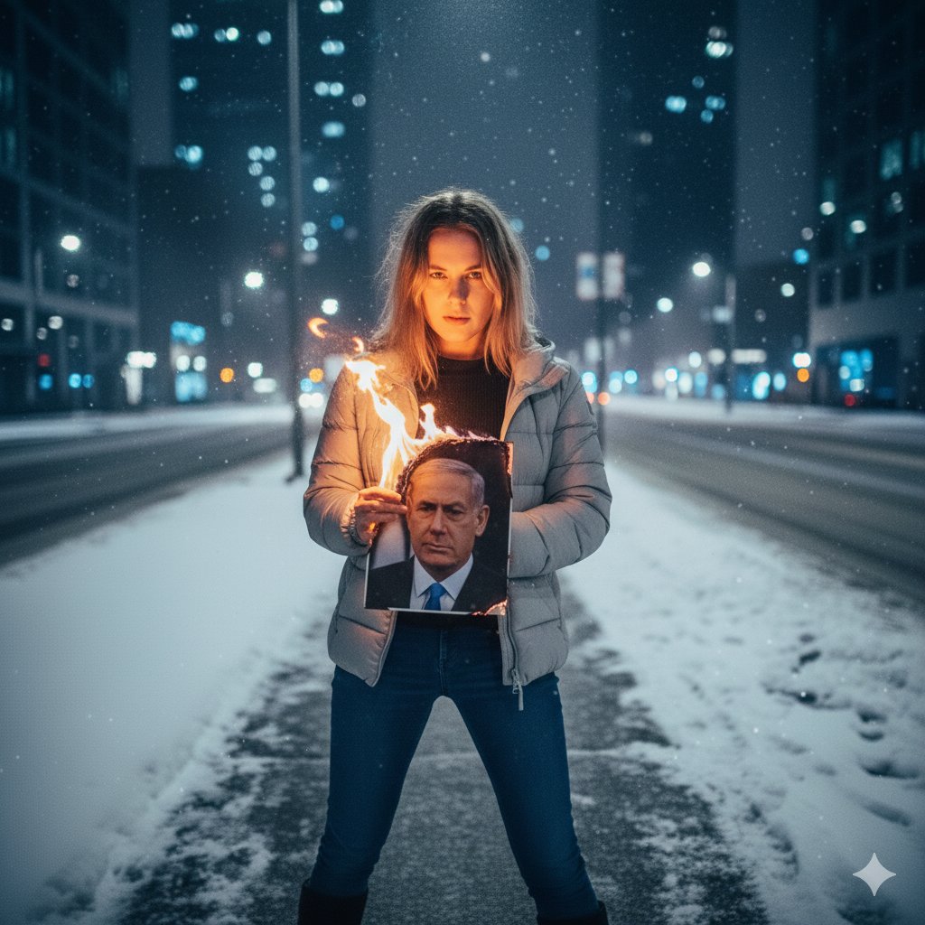 雪地街头年轻西方女性挑战照片