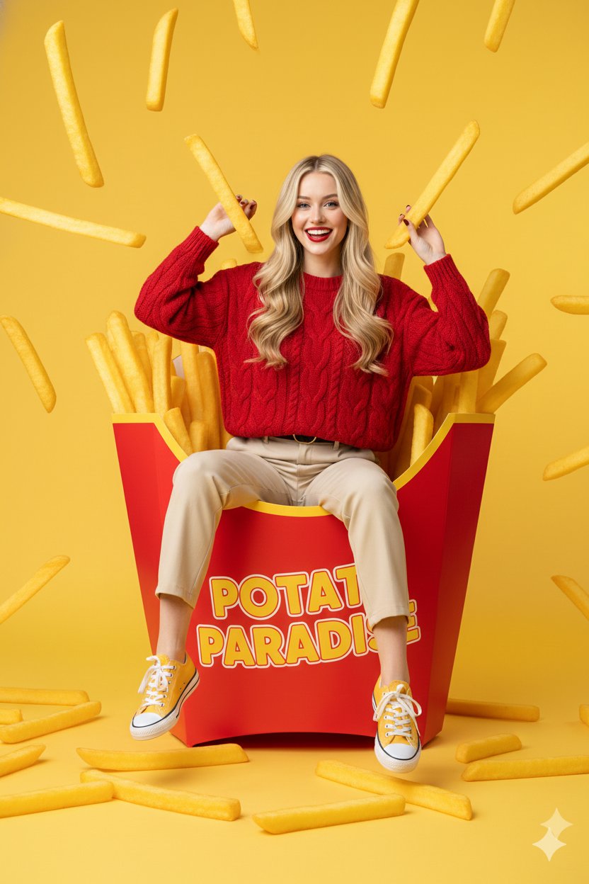 巨型薯条桶中的快乐西方女性