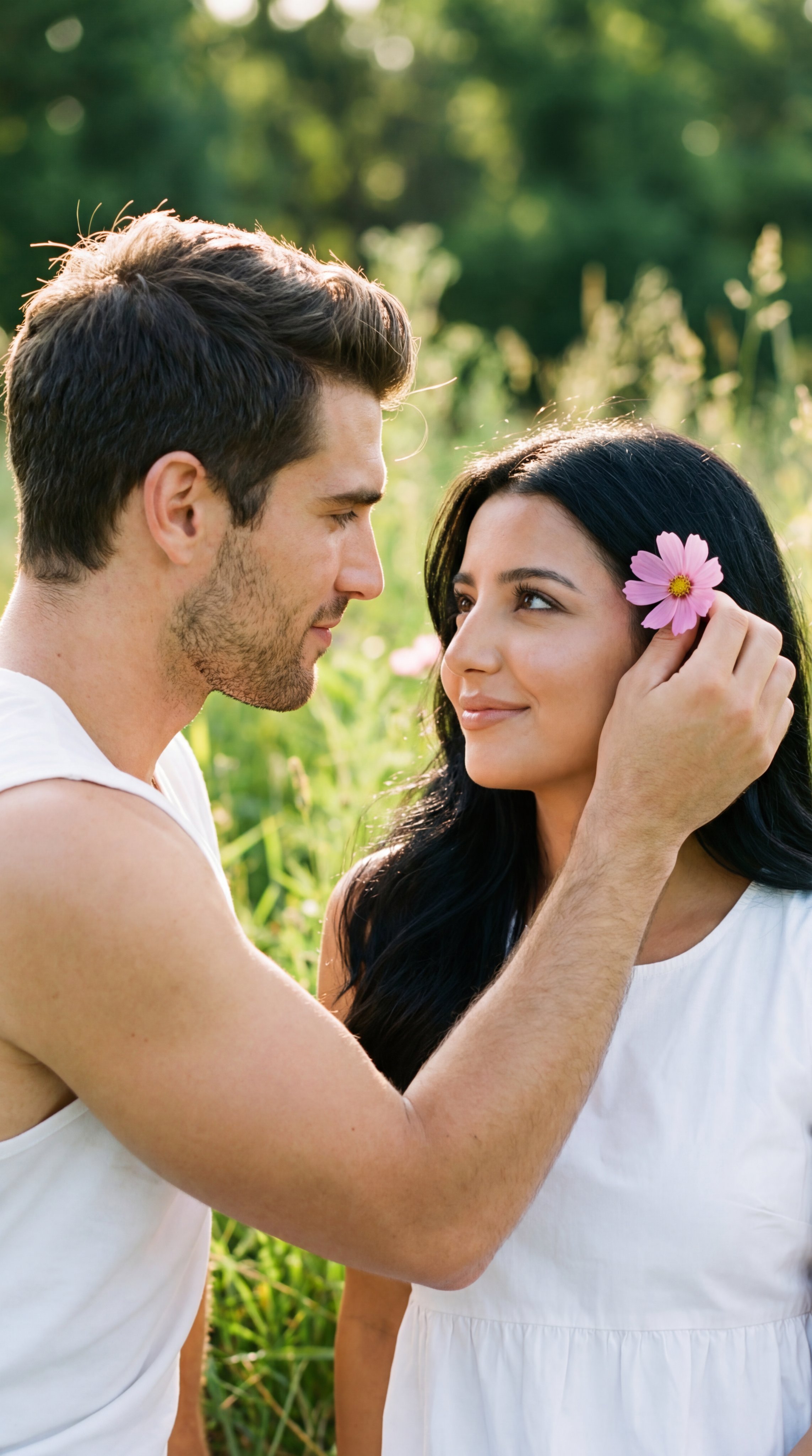 浪漫亲密特写：男子轻柔地将一朵粉色花朵别在女子发际，两人深情对视