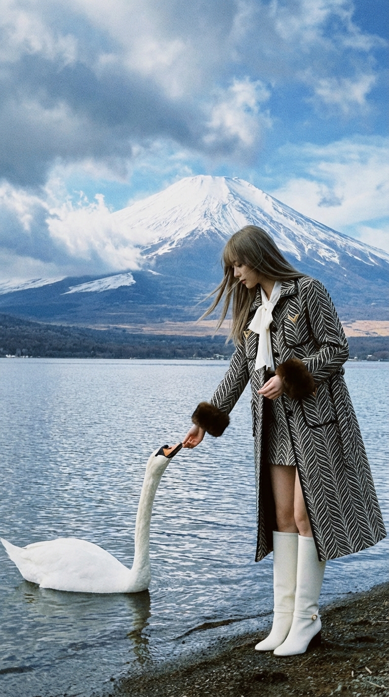 喂天鹅的女士与富士山
