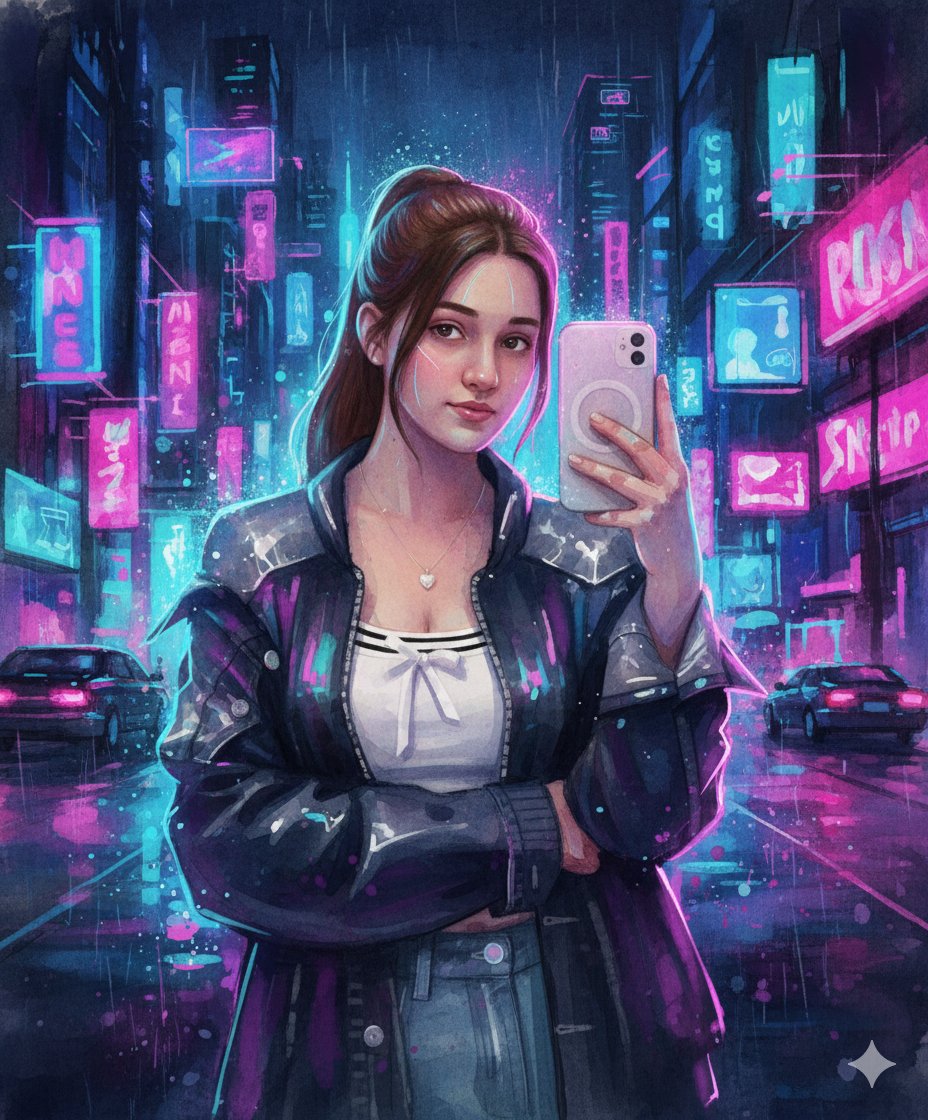 Gemini Nano Banana Pro - 霓虹赛博水彩融合插画