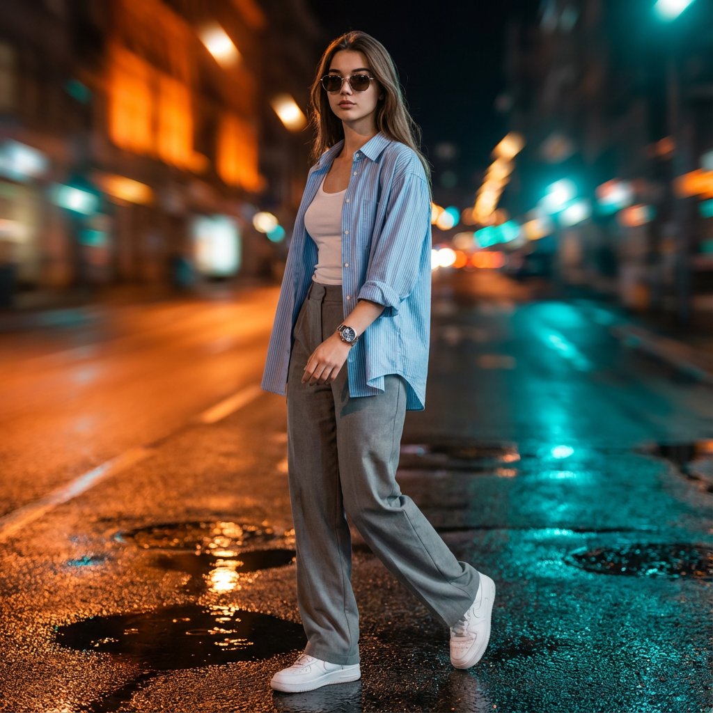 都市夜景中自信女性的超现实主义肖像