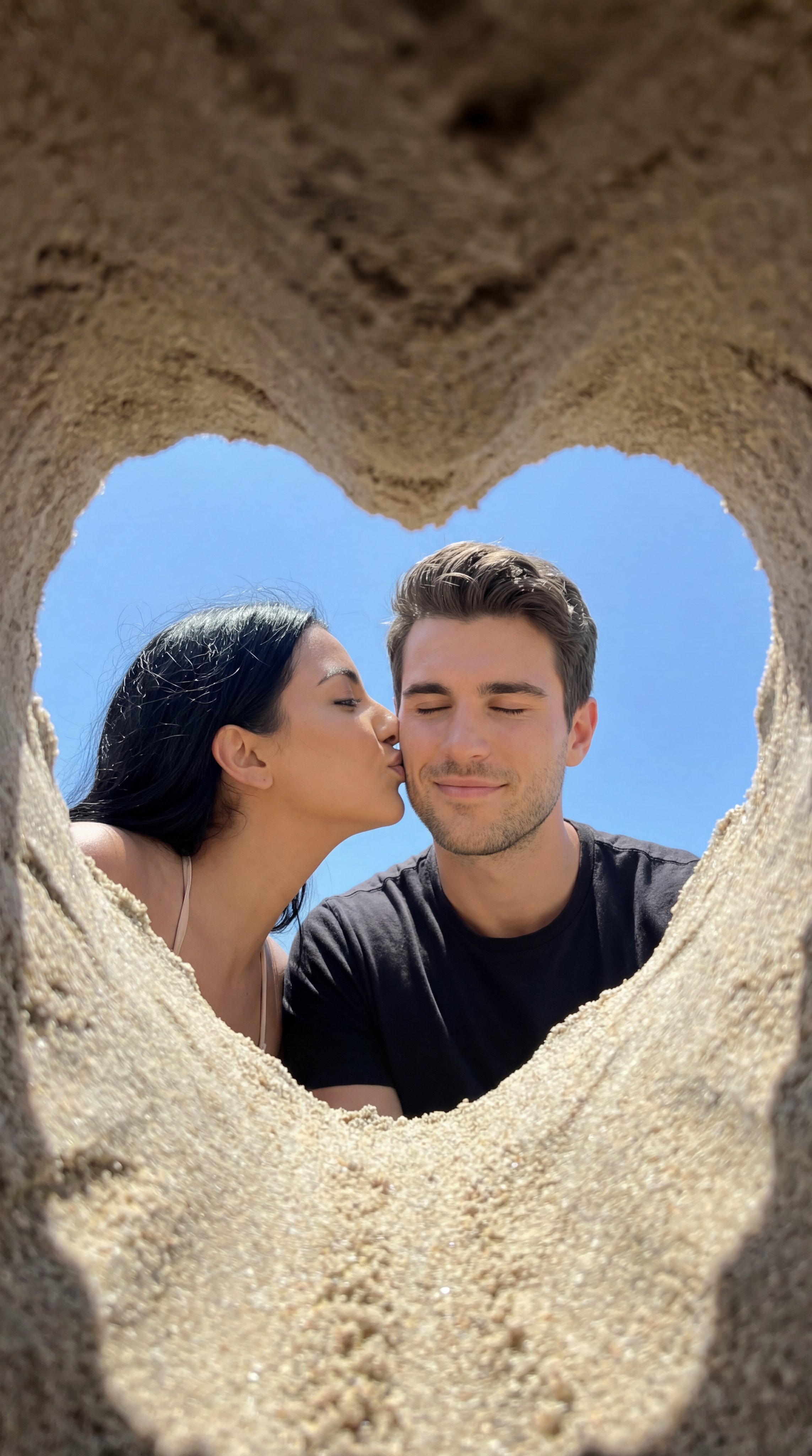 沙滩心形洞拍摄情侣亲吻瞬间