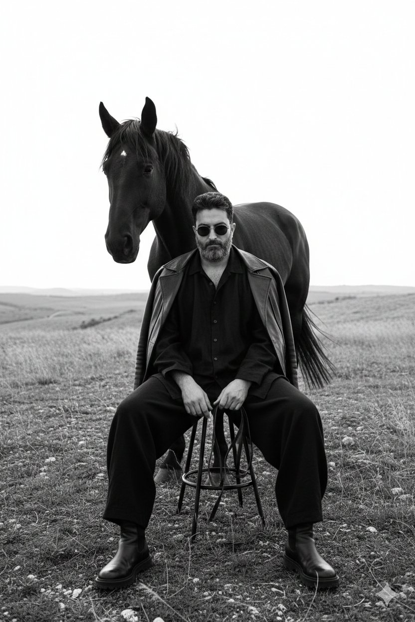 坐在简约金属椅子上，双腿向前伸展，穿着暗色宽松服装，与黑马和自然风光的摄影