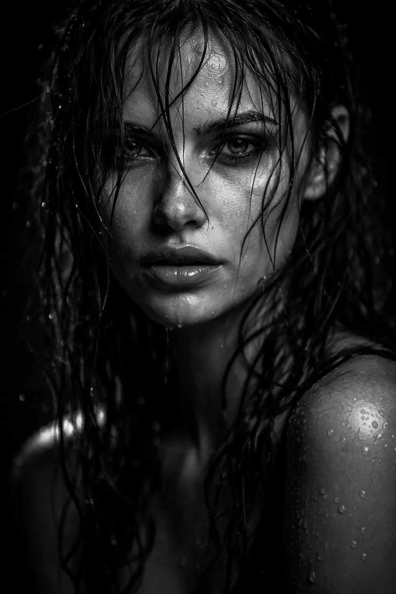 黑白色调雨中女性肖像