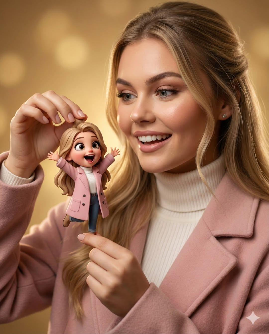 微笑的年轻女性与卡通女孩的温馨人像