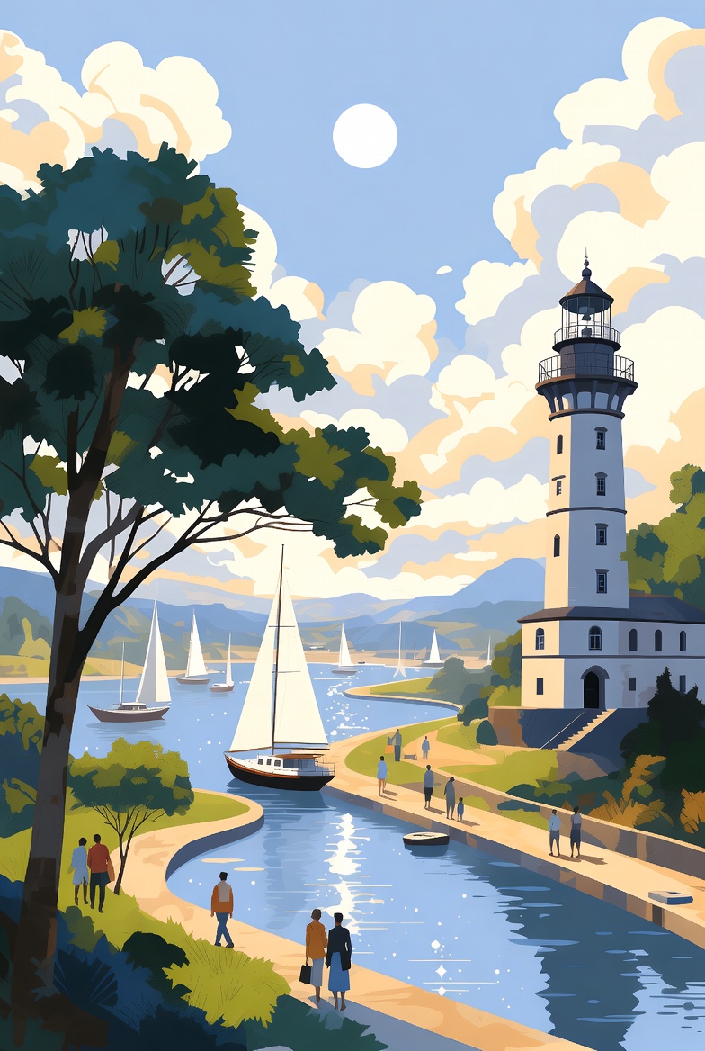 抽象灯塔与帆船河景画