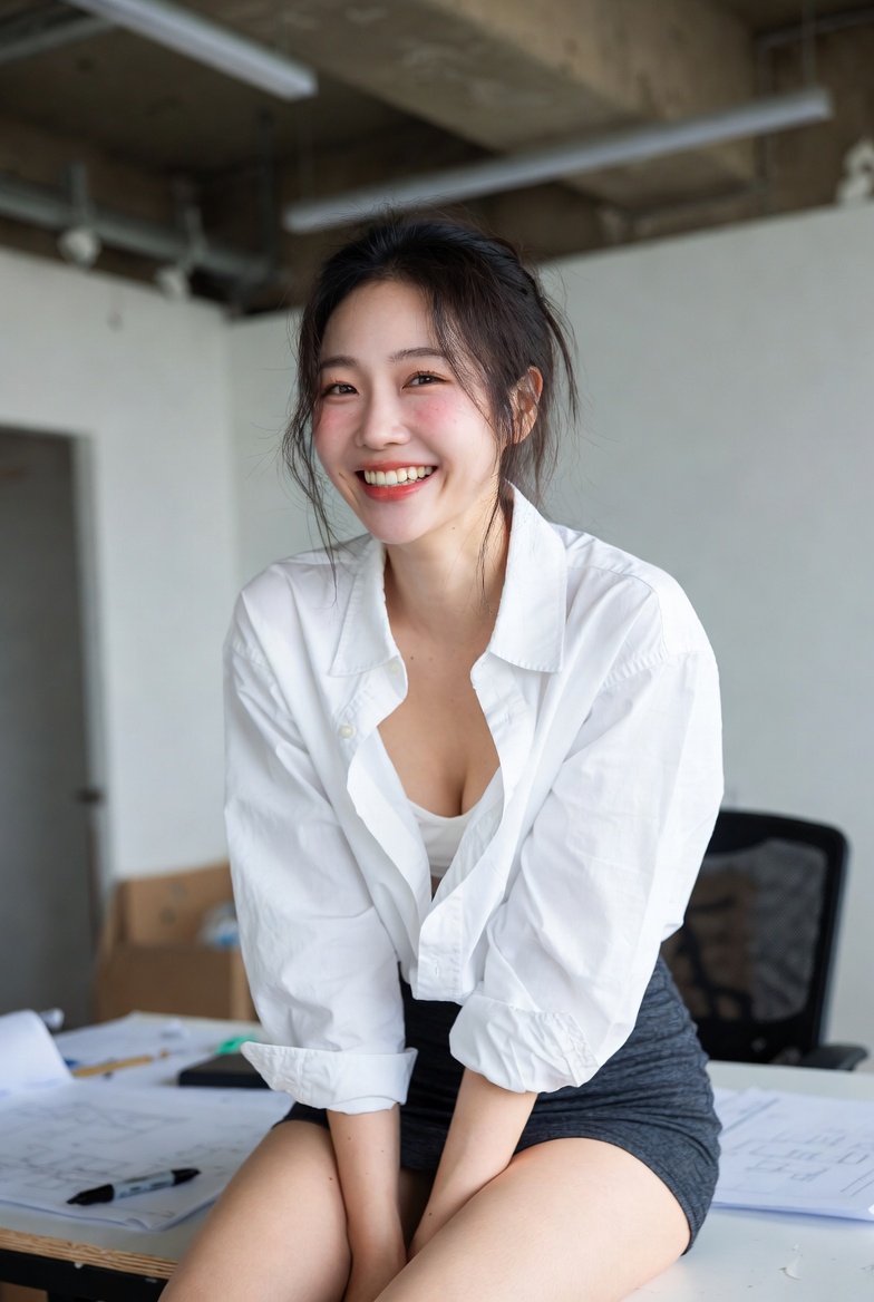 迷人的年轻亚洲女性，坐在办公桌边缘