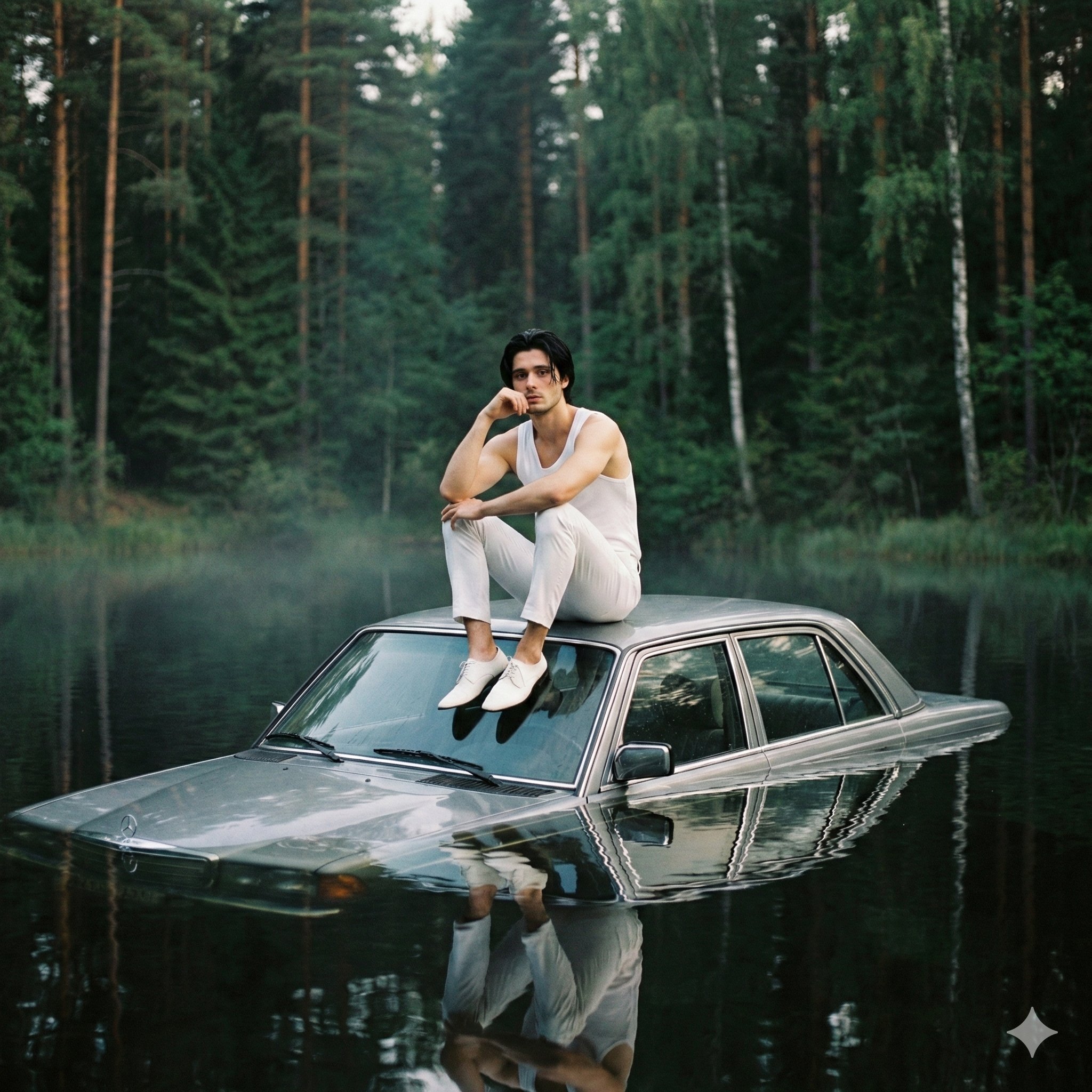 沉浸式幻境：静谧森林中的银灰色老式轿车与沉思青年