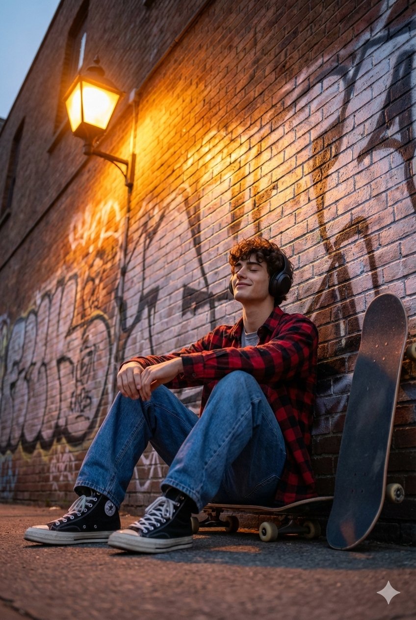 街头黄昏时刻的滑板少年