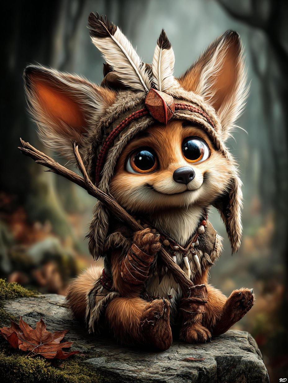 可爱的小狐狸幼崽，穿着萨满服饰，坐在悬崖边