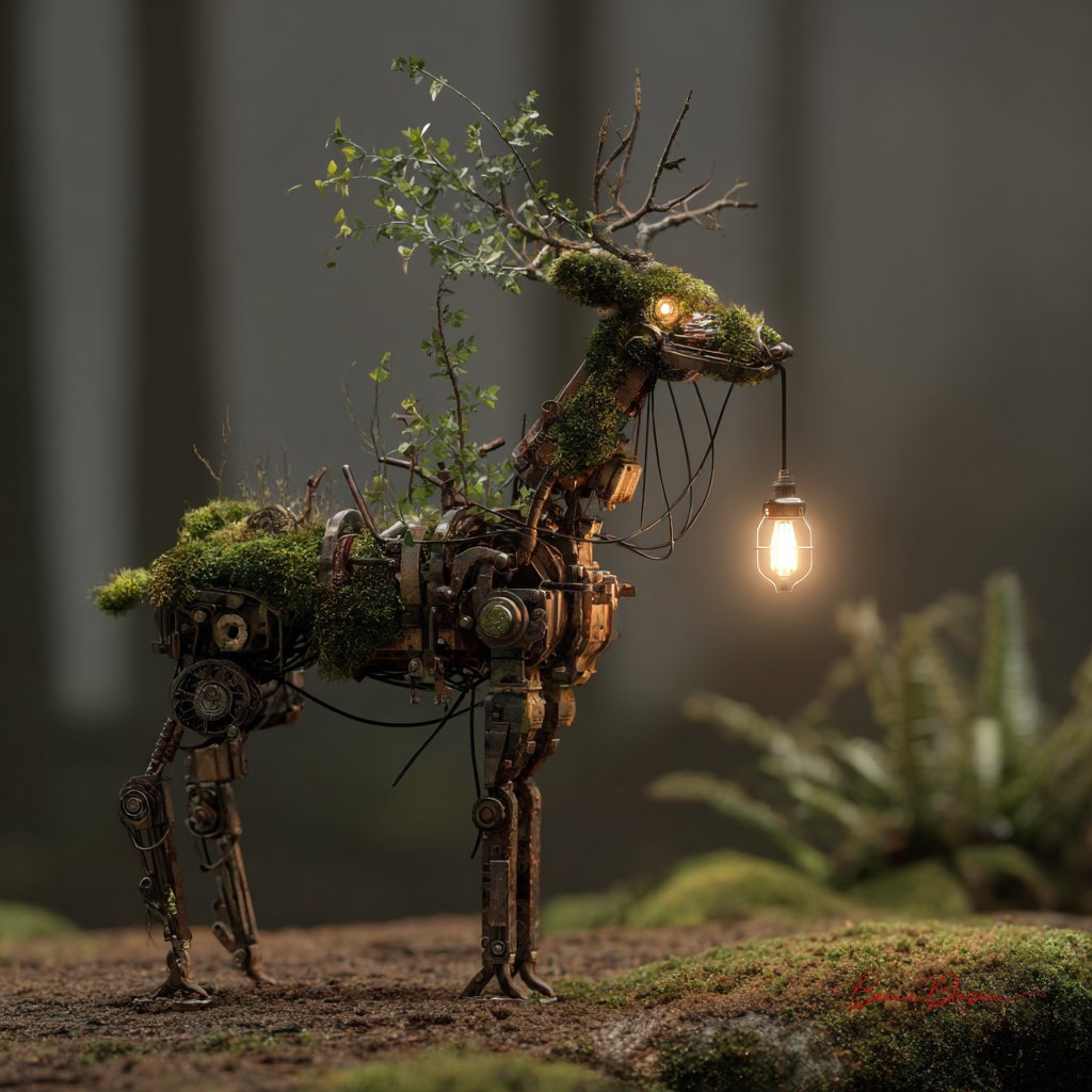 夜幕下的苔藓森林与机械鹿