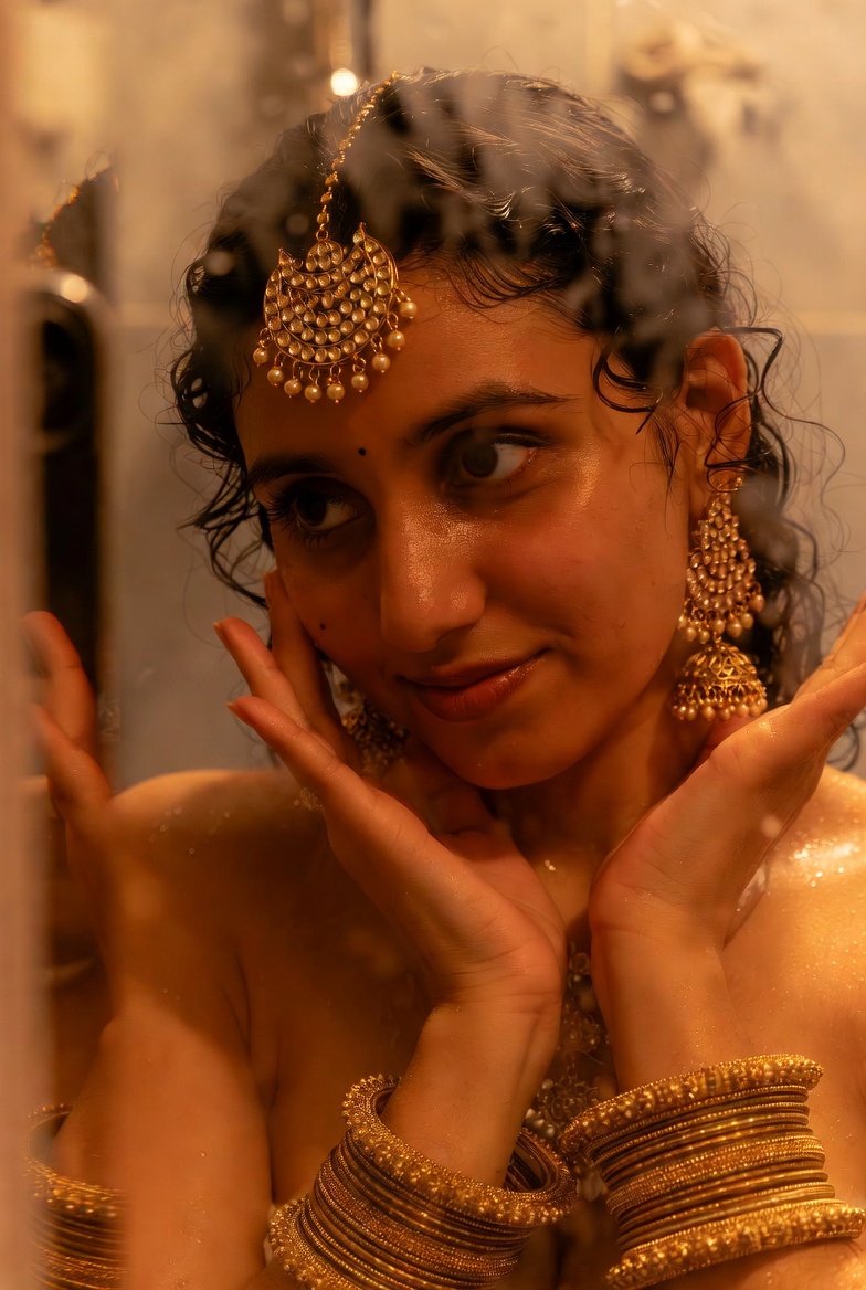 浴室镜中智能手机拍摄的美女