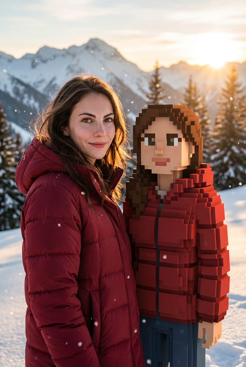 雪山场景中真实与Minecraft风格人物对比照