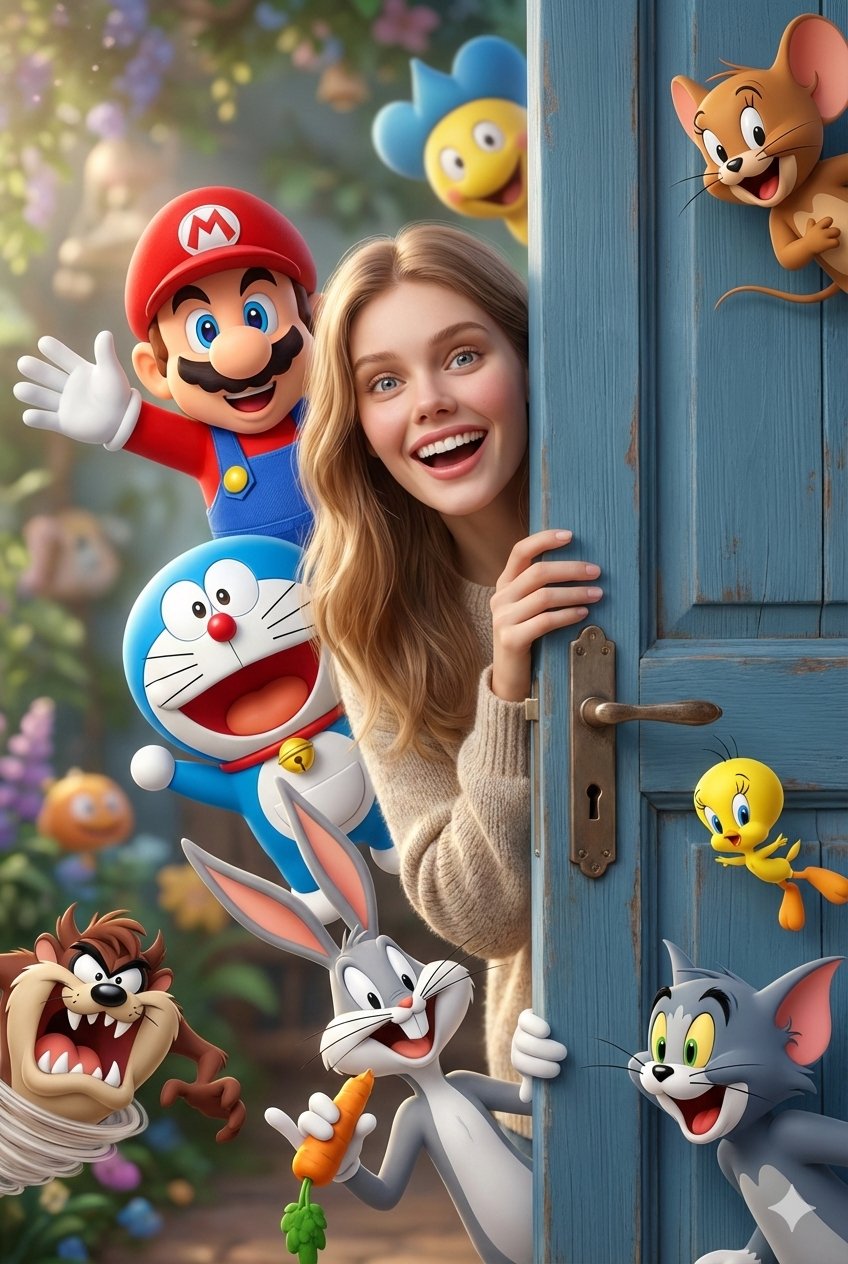 微笑的成年女孩与卡通角色