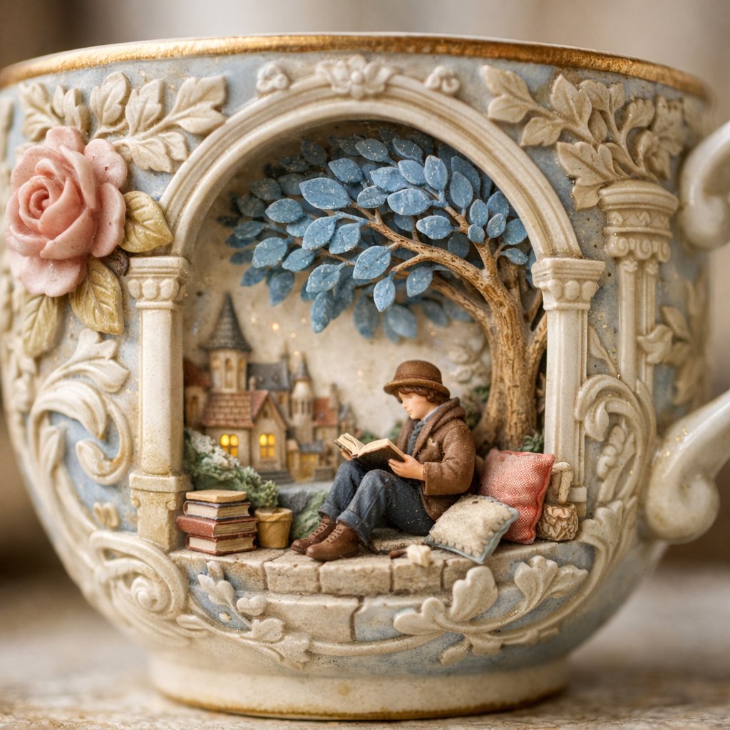 精致陶瓷茶杯的微距摄影，内部含微型雕塑场景