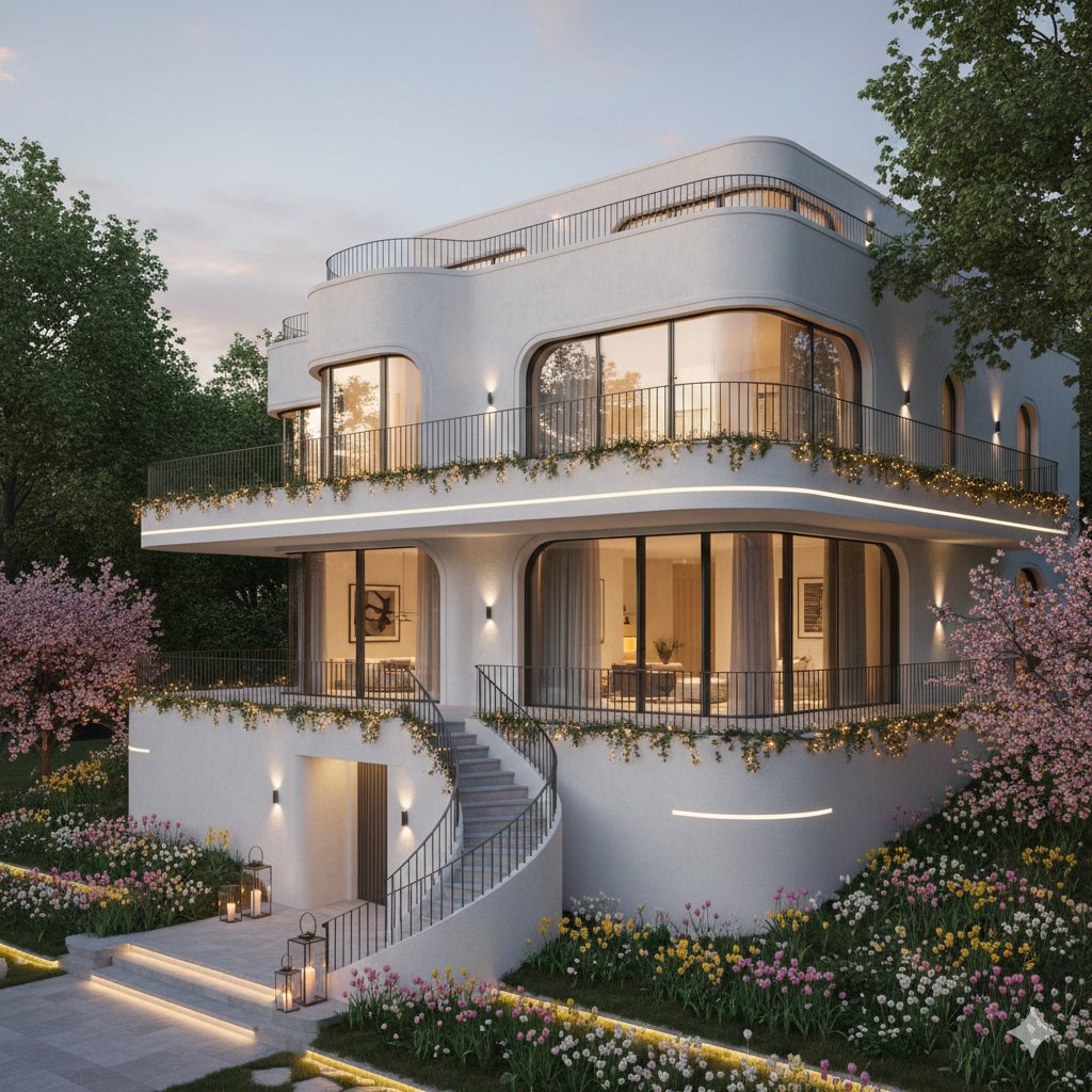 AI创建的豪华现代别墅春日风景图