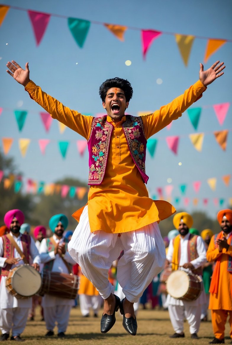 欢快的南亚男子表演Bhangra舞蹈