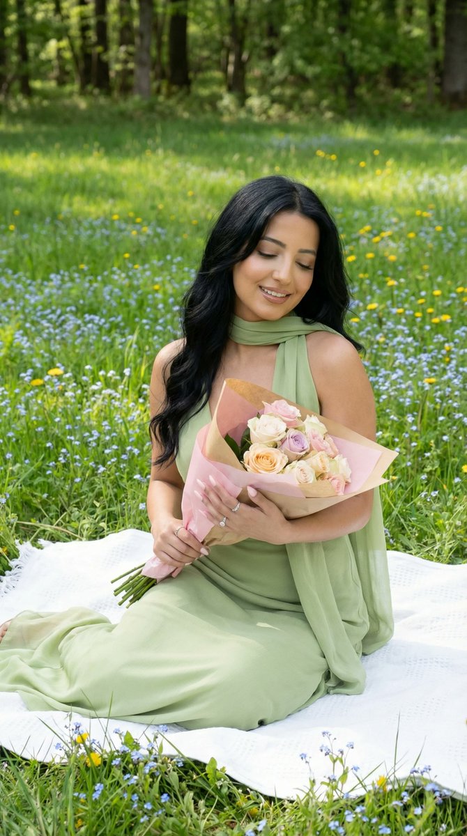 宁静的绿野中的女性肖像