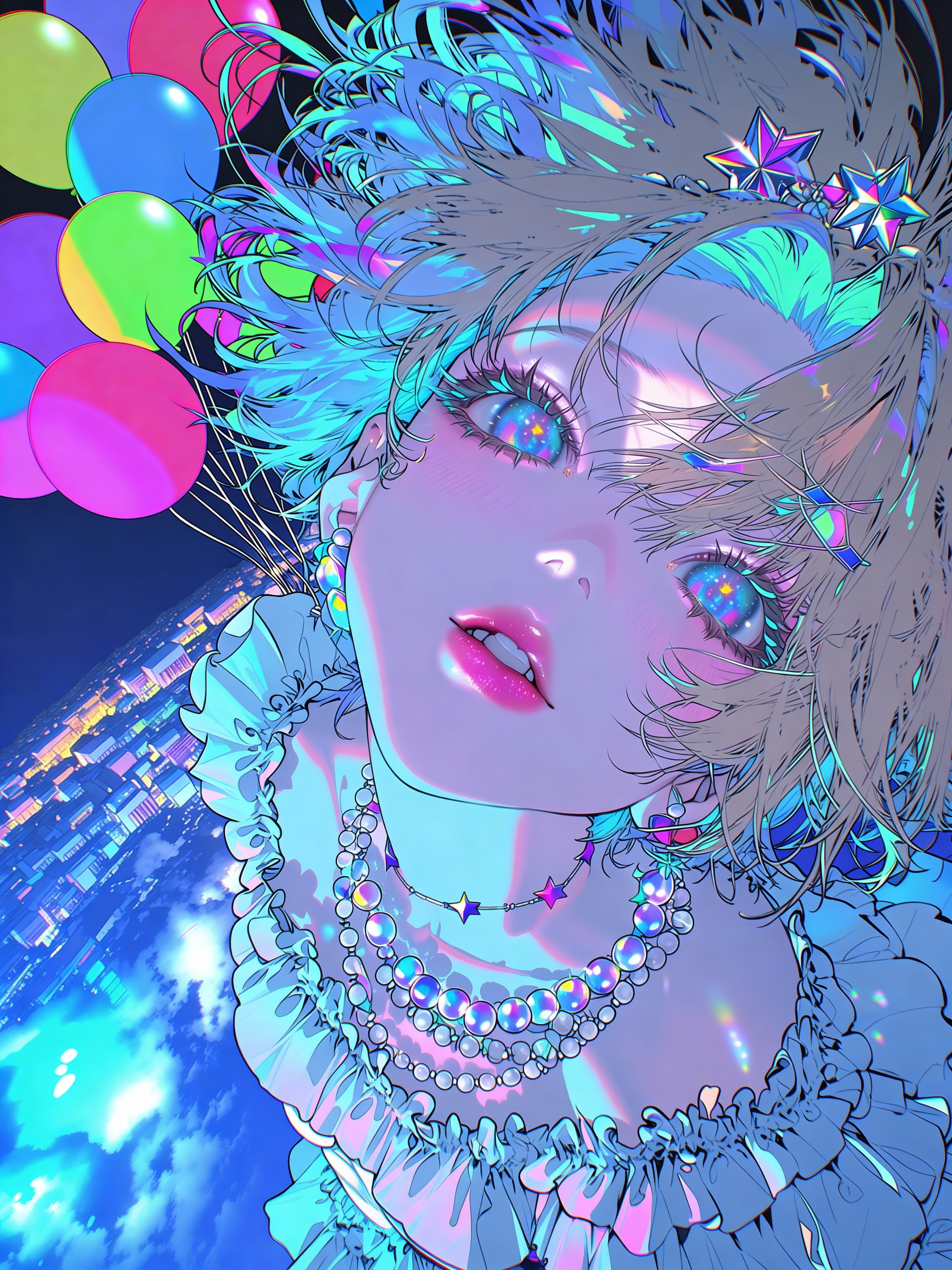 漂浮的美女与天空中五彩斑斓的热气球