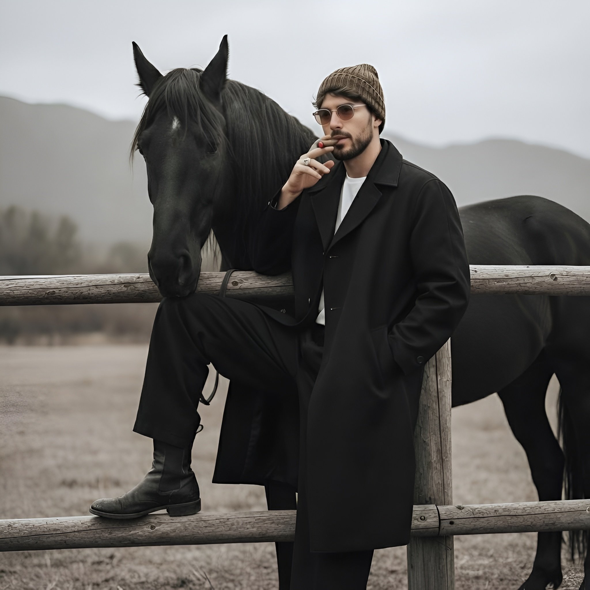 神秘黑衣男子与黑马的暗黑氛围摄影