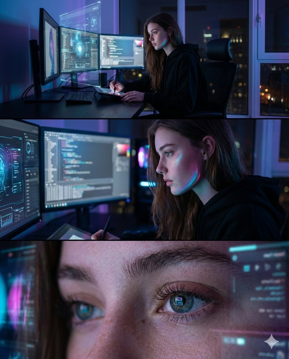 Google Gemini Nano Banana Pro - 未来主义数字艺术家工作室夜景摄影