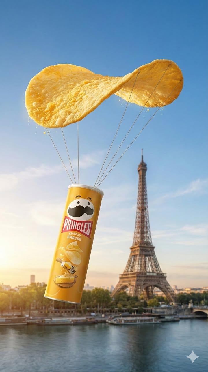 巴黎天空中的奶酪味Pringles悬浮广告摄影