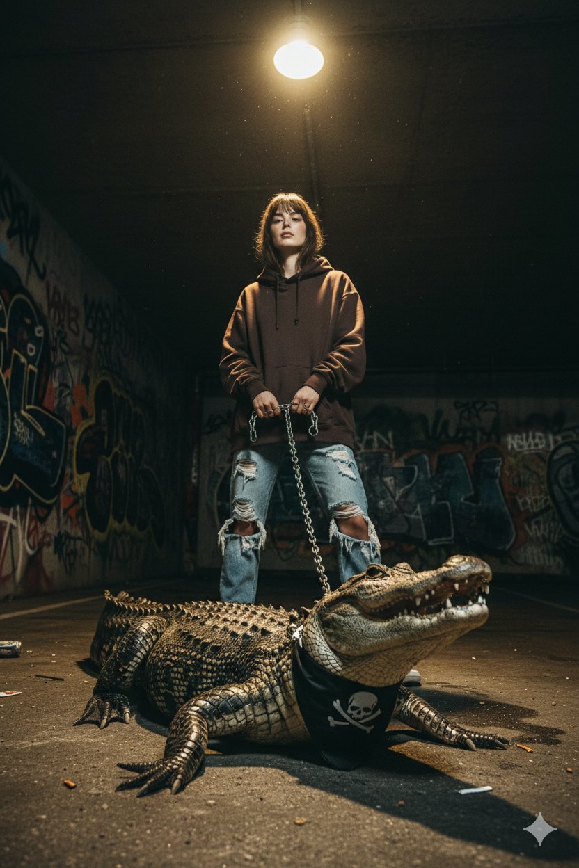地下停车场涂鸦墙旁的年轻女性与巨型鳄鱼
