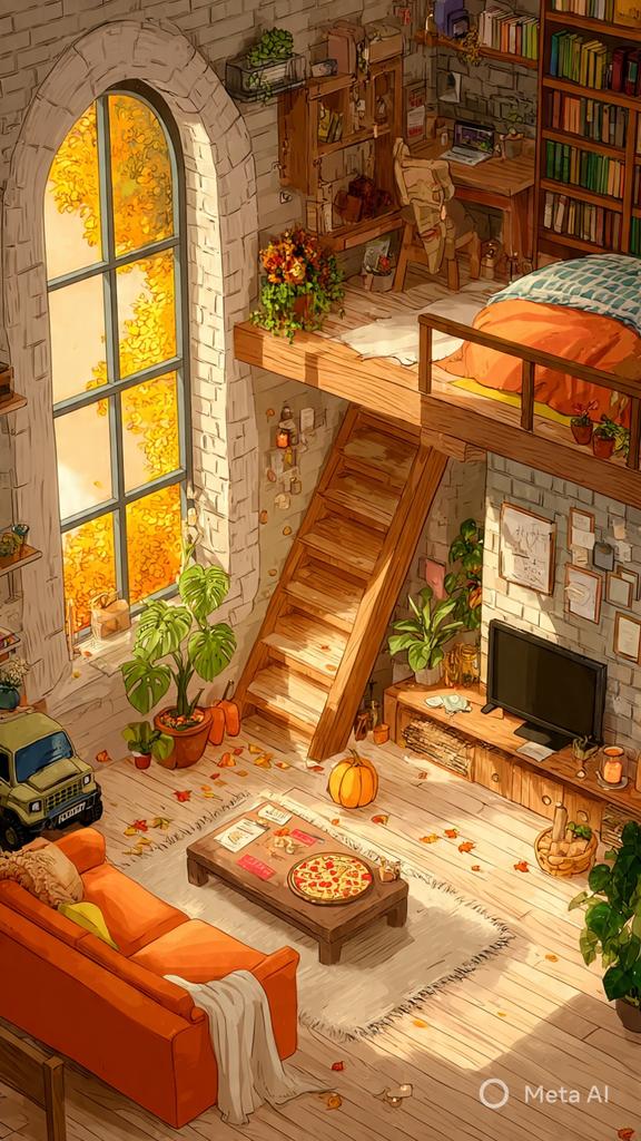 秋日温馨公寓卡通插画