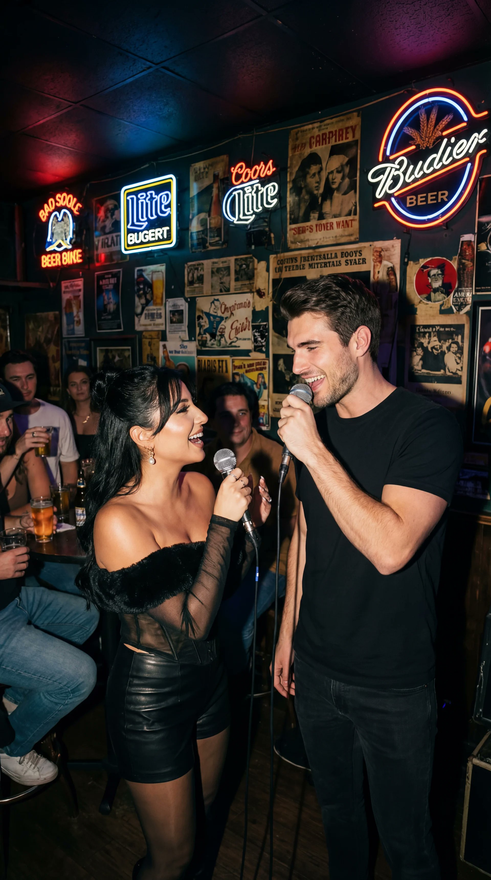 夜间酒吧卡拉OK双人演唱瞬间