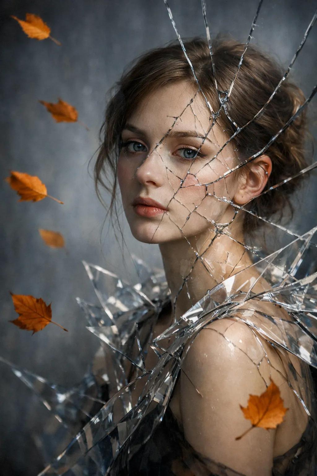 破碎镜面中的超现实女性肖像