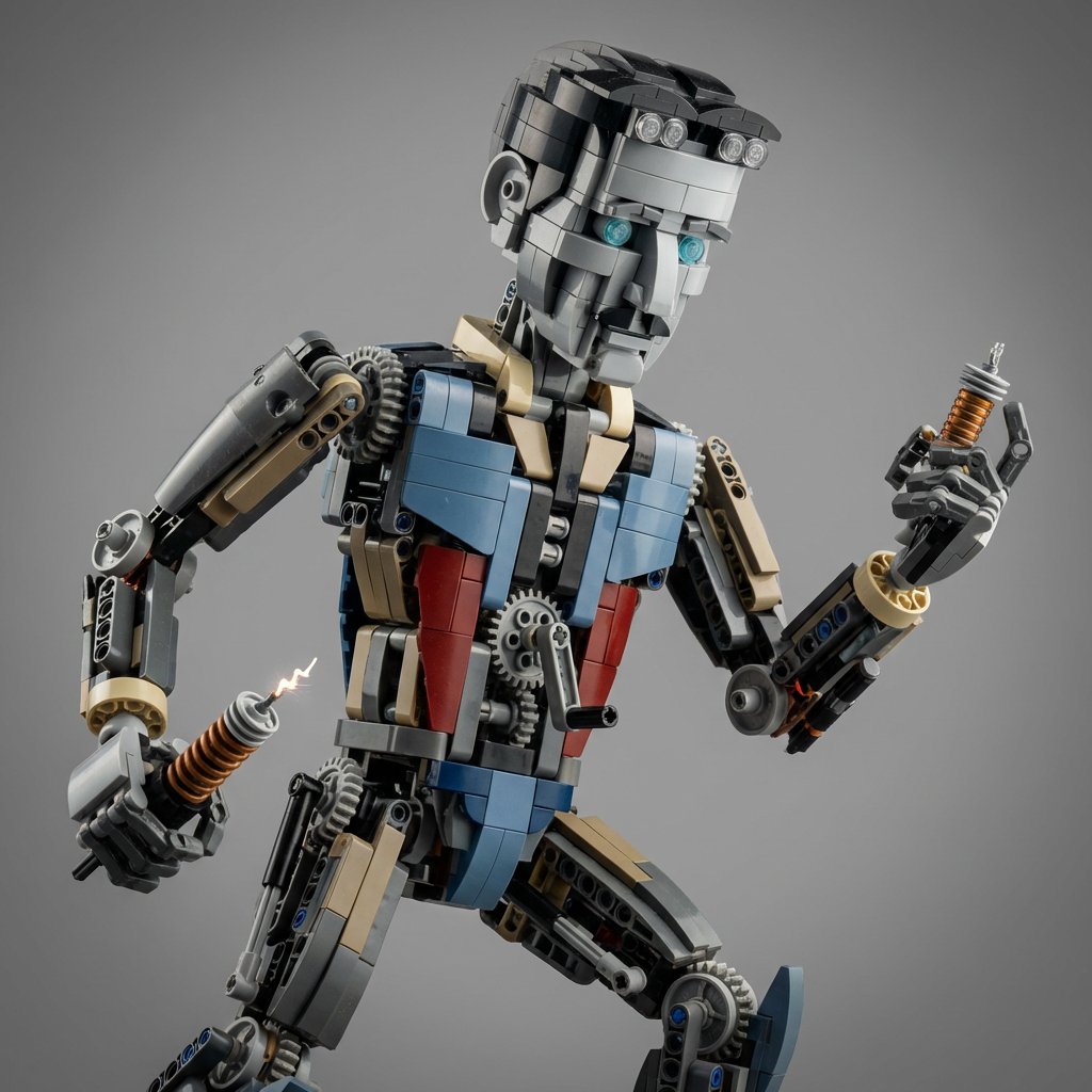 特斯拉系统指令：将[主题]编辑成超现实宏工作室产品照片，展示一个LEGO Technic风格的拼装套件，做出巧妙姿态
