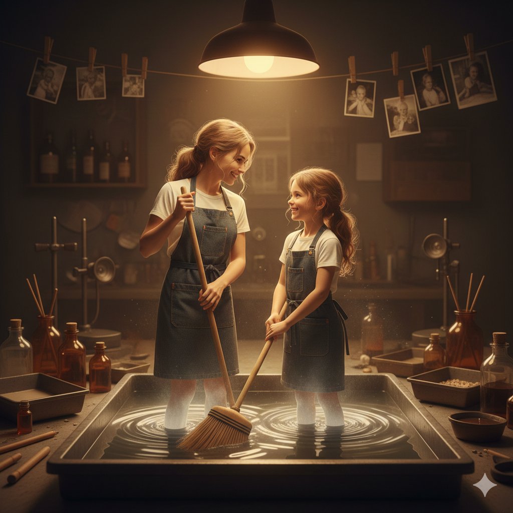 暗房中显影的复古照片