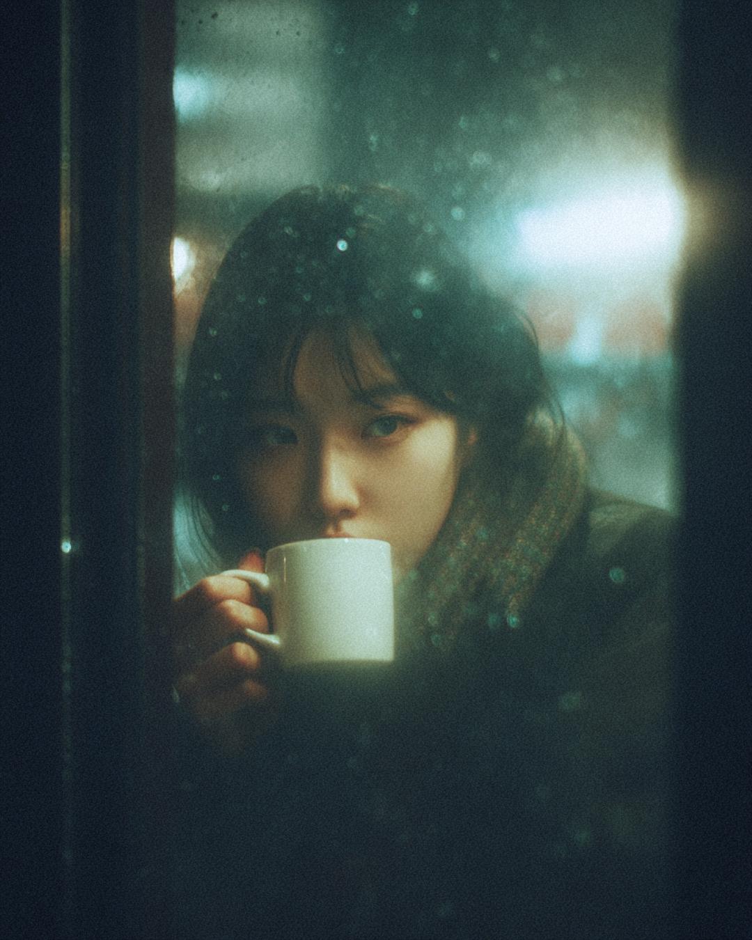 夜晚咖啡馆里的年轻女子