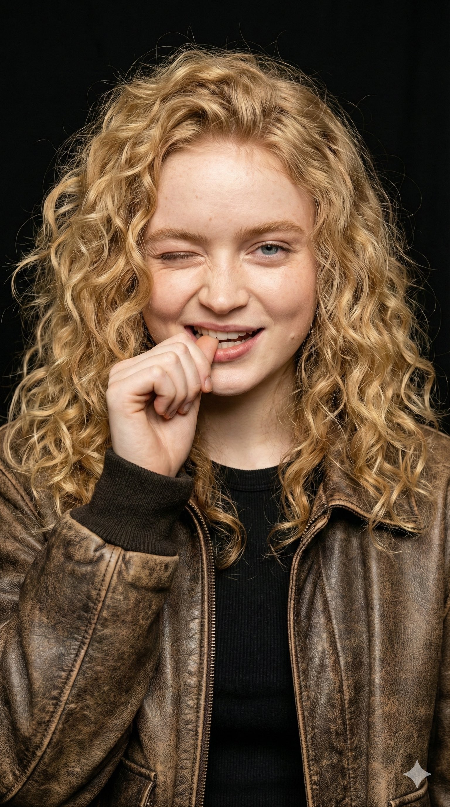 年轻女性，20多岁，白种人，短发，复古皮夹克，轻松自信