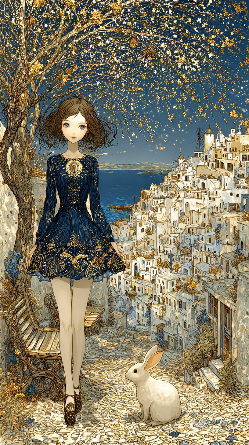 地中海风格夜晚的美丽女孩