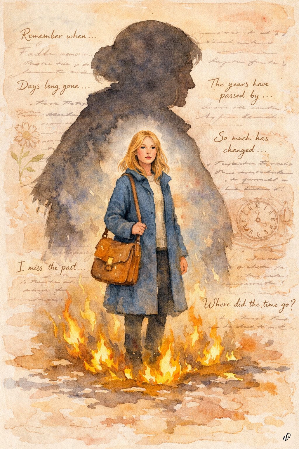 蓝色外套的年轻金发女性与老妇人剪影，手持棕色袋子，周围有黄色火焰和手写文字，水彩风格，梦幻氛围的艺术作品